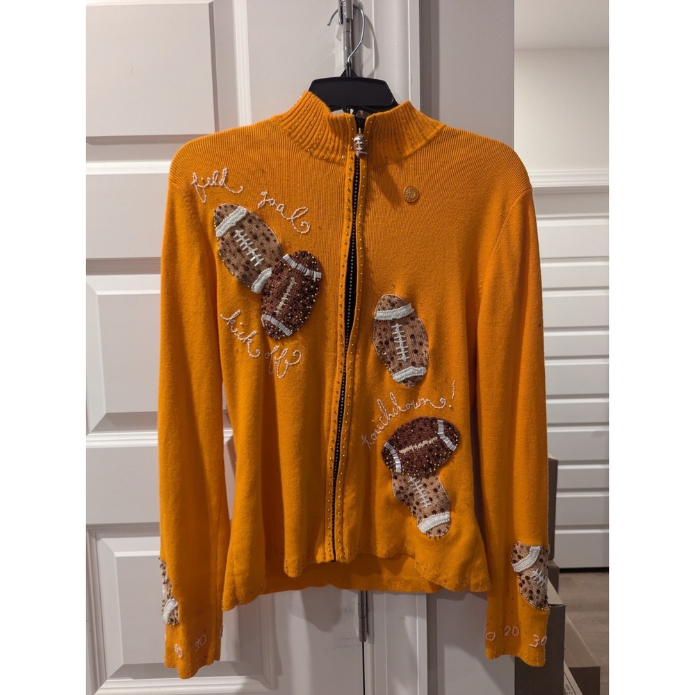 VTG Y2K Berek Womens L‎ Sweater Orange Embellished Football Sequins UT Pin Zip